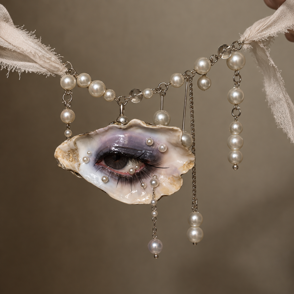 Vespera oyster eye on faux pearl-accented chain necklace, front view