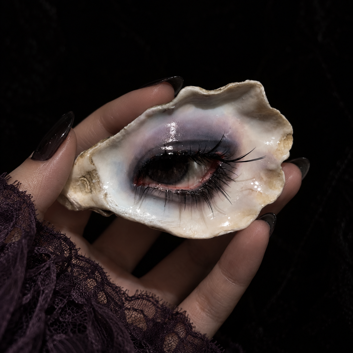 Vespera deep brown oyster eye with violet-grey smoky makeup, close detail