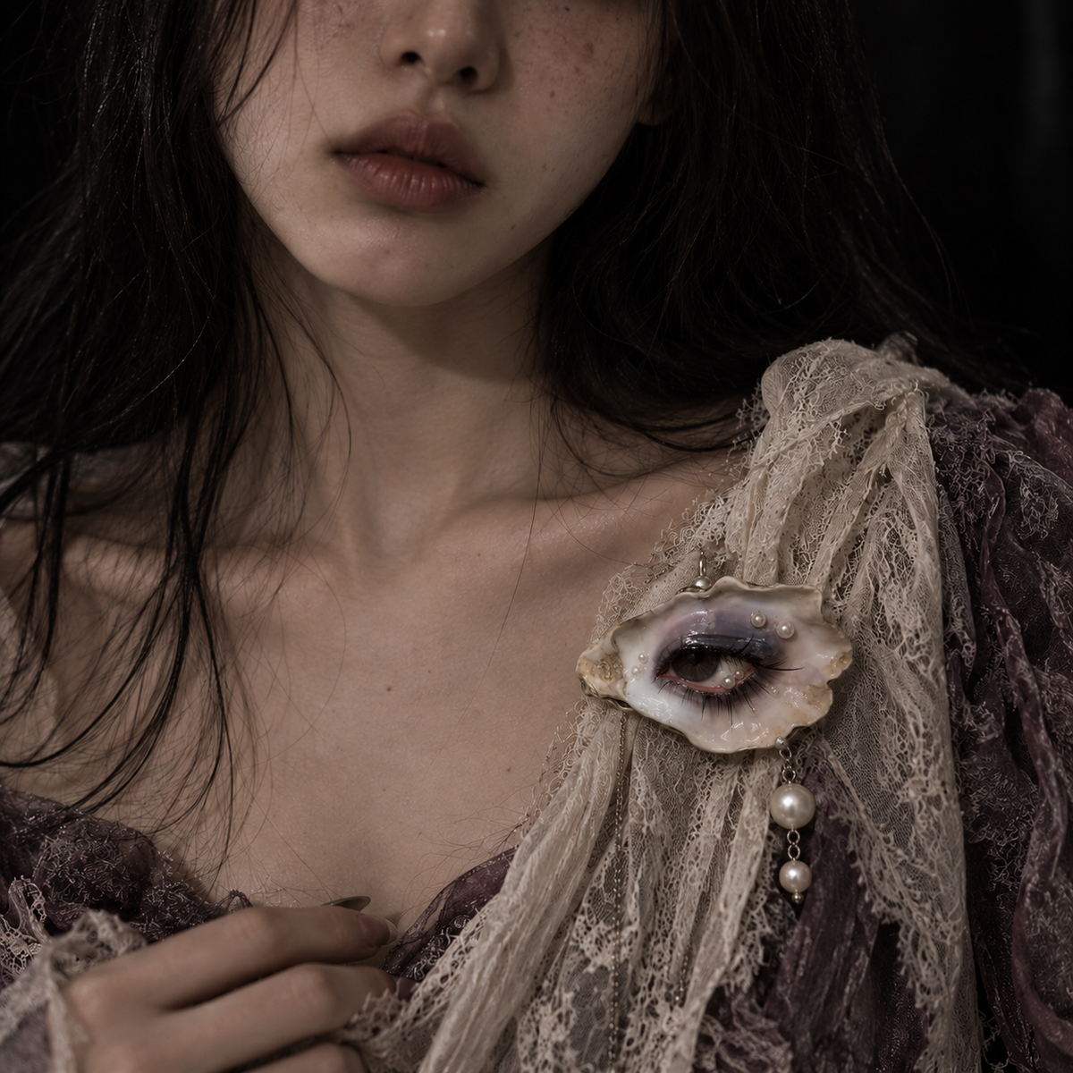 Vespera oyster eye worn as brooch
