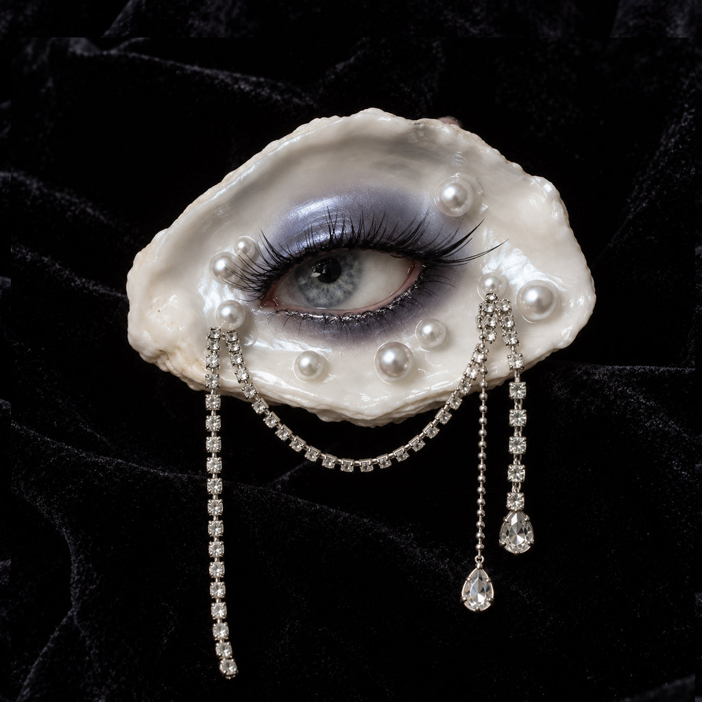 Methyst Haze LV028-R — pearly oyster shell, black lashes, pearls and rhinestone drapes