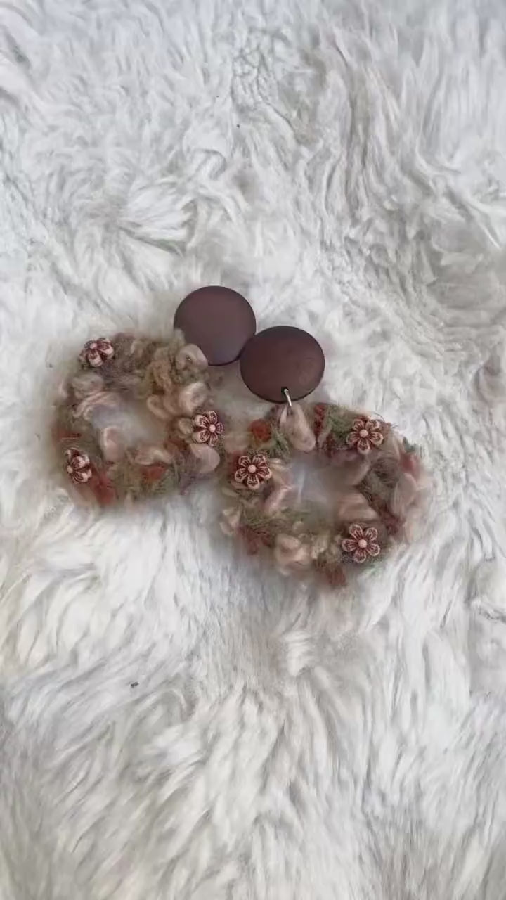 Handmade Yarn Wreath Earrings, Cottagecore Boho Fiber Art Jewelry