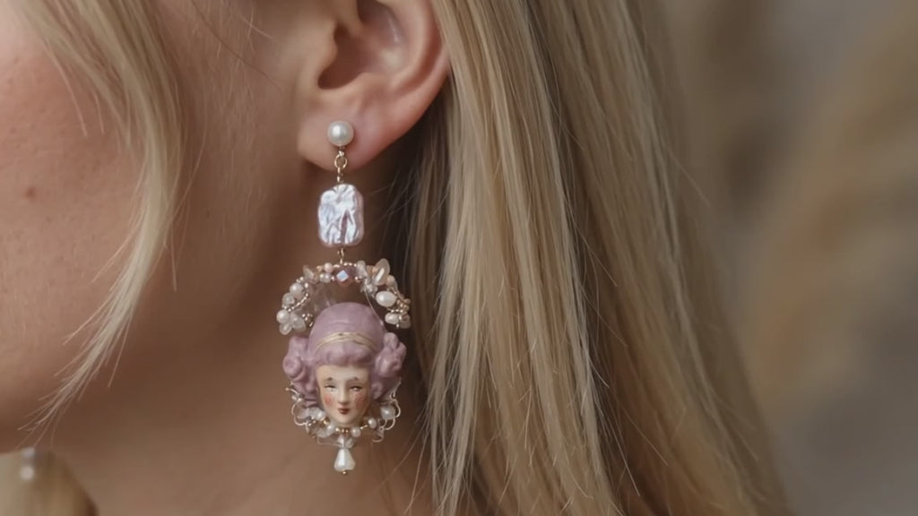 A015 Odette Doll Statement Earring or Clip-On, Handmade Clay Face with Czech Beads, Baroque Pearls, Gold-Plated Copper Wearable Art