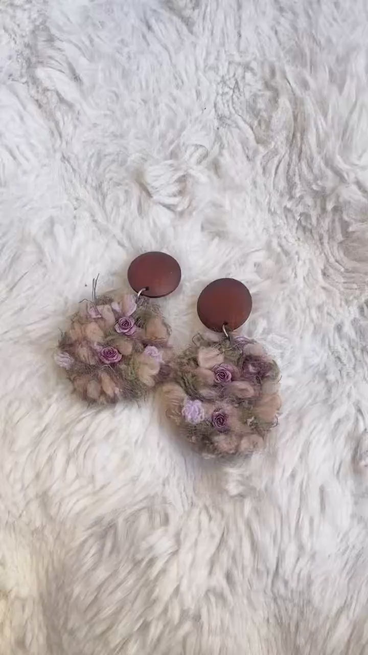 Handmade Yarn Floral Earrings, Cottagecore Boho Fiber Art, Woodland Wearable Art