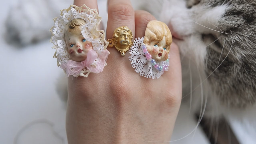 A016 Handmade Doll Face Statement Ring, Giant Baby or Pumpkin Head, Resin Clay Lace Beaded Gold-Plated Copper Wearable Art Jewelry