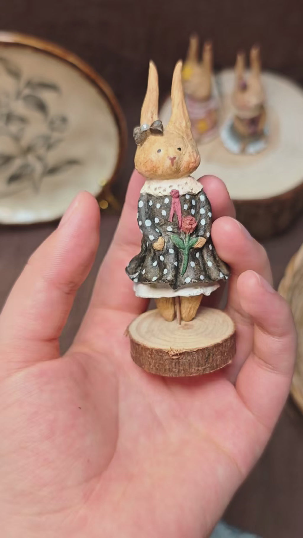Winterwood Atelier Willowwick Family Rabbit Doll, Hand Sculpted Stone Clay Bunny Figurine with Watercolor Card, Guest Artist Tuacii