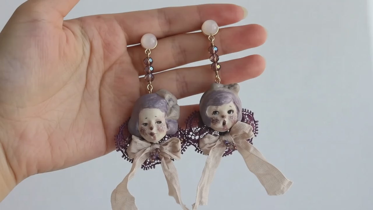 A013 Mabel & Lucille Doll Jewelry Set, Asymmetric Earrings and Girl Necklace, Handmade Clay Czech Bead Wool Hair Wearable Art