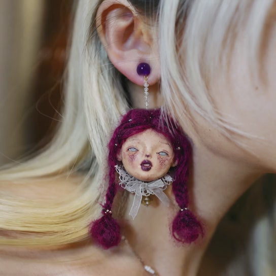 A014 Purple Hair Doll Earrings, Handmade Asymmetrical Doll Earring Pair, No.1 / No.2 / Full Pair, Wearable Art