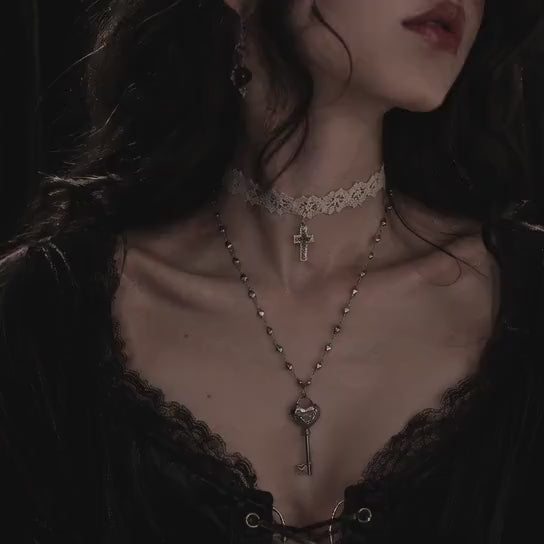 Ivory Lace Cross Choker or Heart Key Necklace — product video
