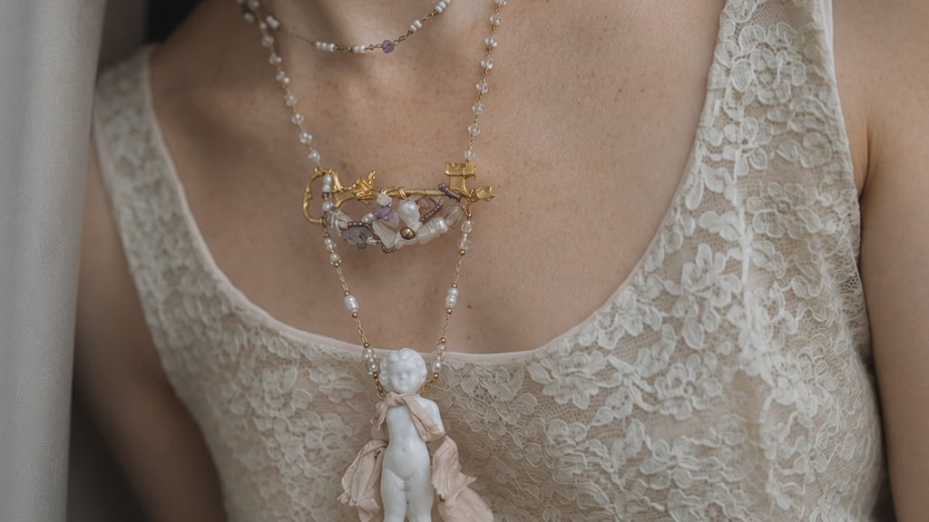 A012 Charlotte Porcelain Doll Necklace, Antique Inspired Ceramic Figure Pendant, Beaded Gold Tone Chain, Romantic Wearable Art Jewelry