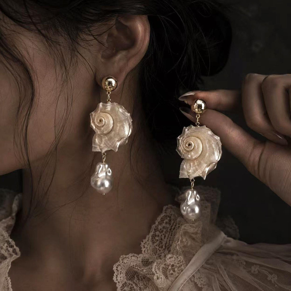 Natural Conch Shell Baroque Pearl Earrings — view 3