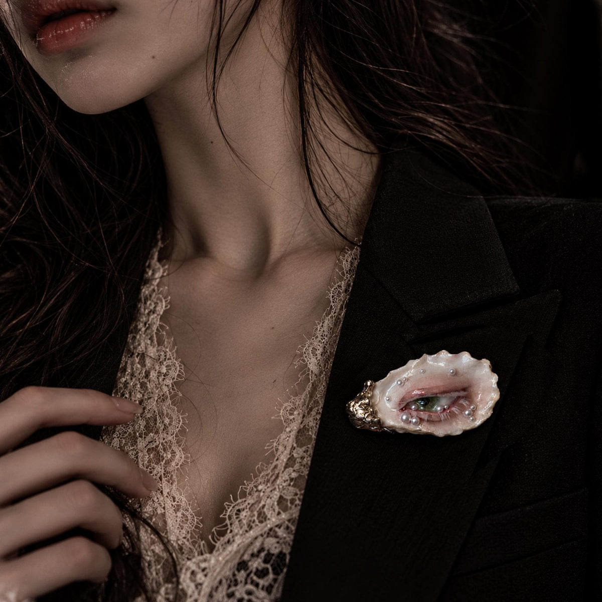 Nyra Nacre Veil — Oyster Eye Brooch, Choker or Charm — view 3